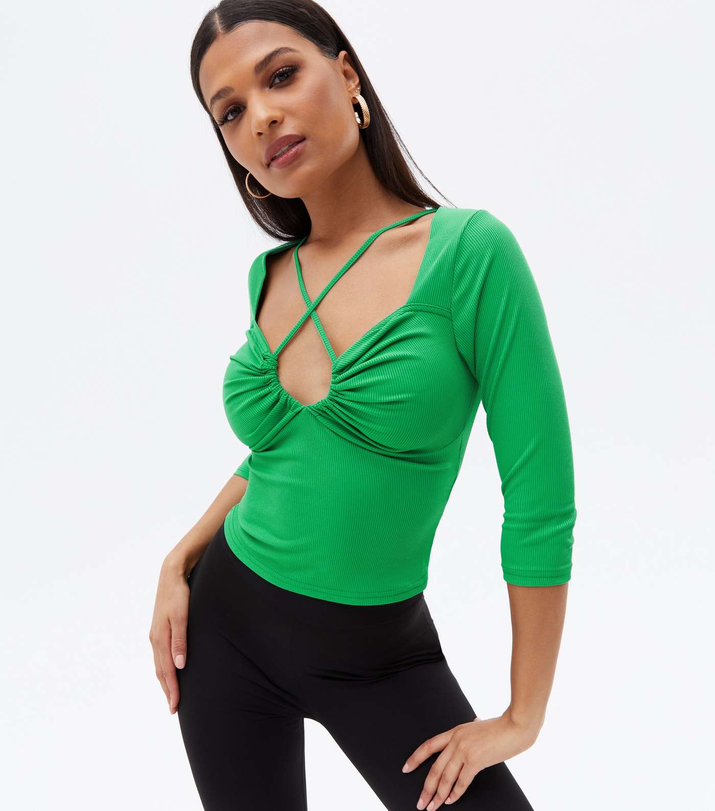 Green Ribbed Strappy Cut Out Top