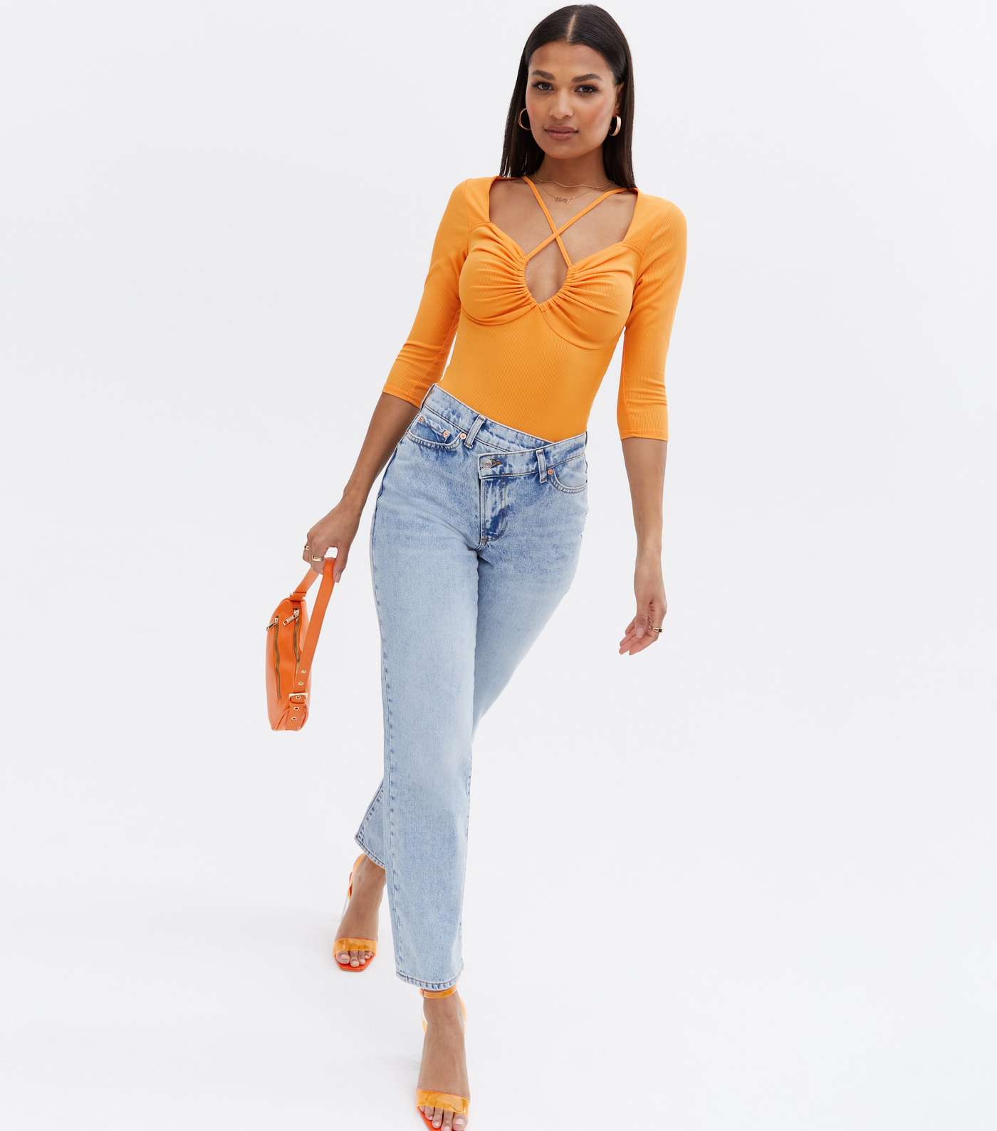 Bright Orange Ribbed Strappy Cut Out Top Image 2