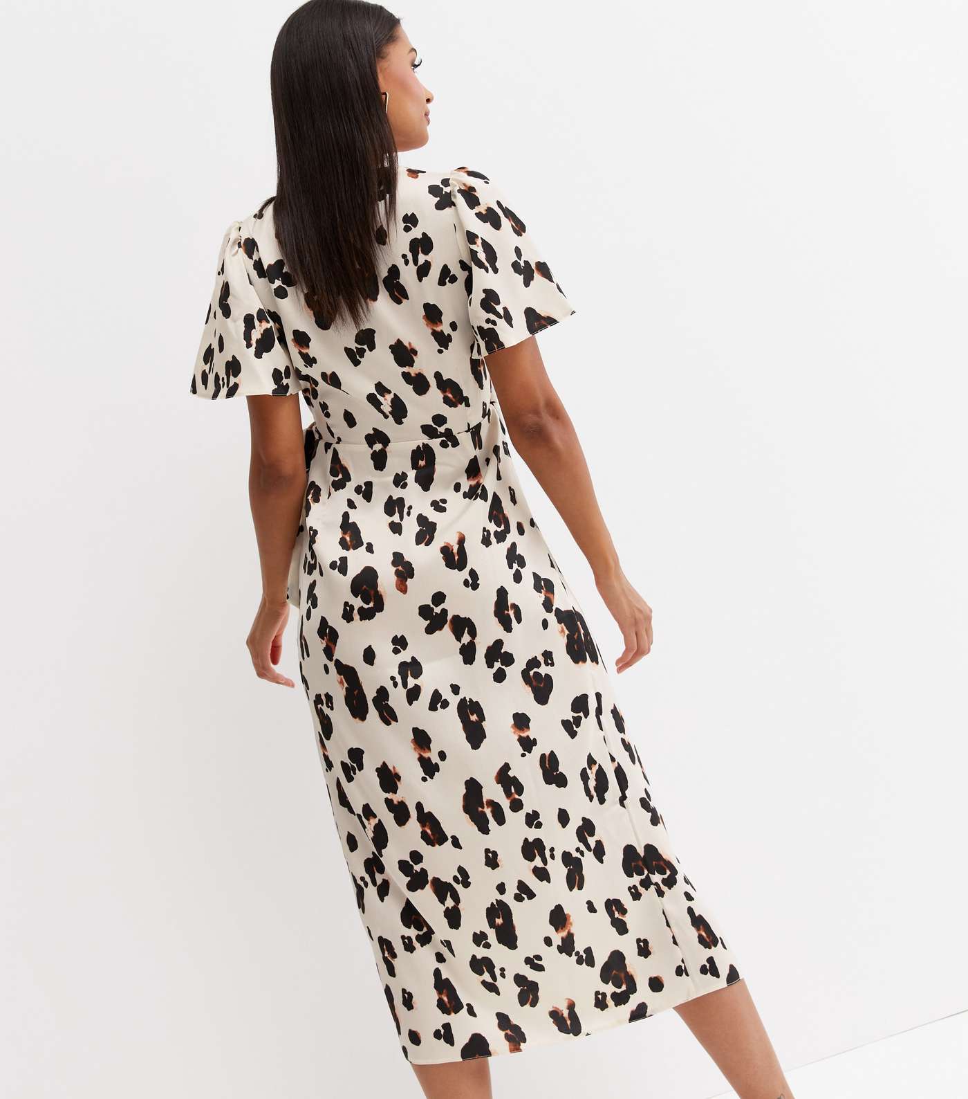 White Leopard Print Satin Midi Wrap Dress Image 4