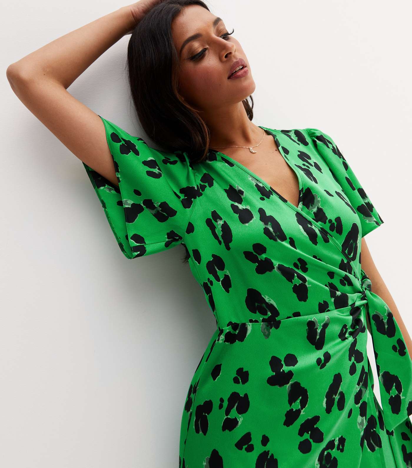 Green Leopard Print Satin Midi Wrap Dress Image 2