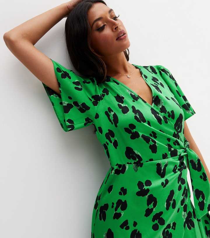 Green Leopard Print Satin Midi Wrap Dress