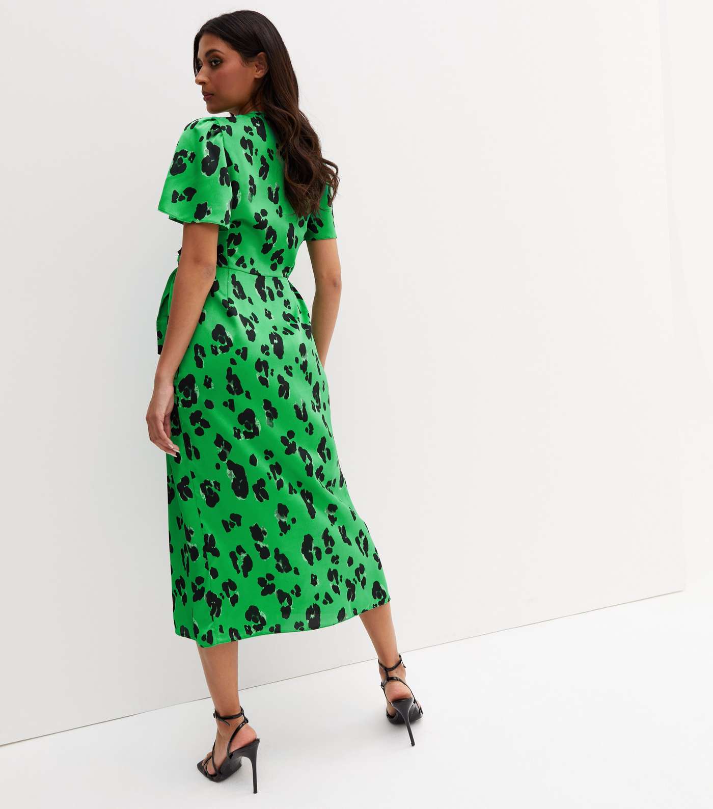 Green Leopard Print Satin Midi Wrap Dress Image 4