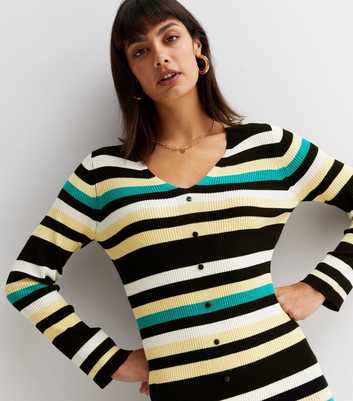 Sunshine Soul Black Stripe Ribbed Knit Button Front Midi Bodycon Dress