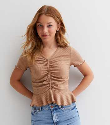 Girls Light Brown Ribbed Ruched Peplum Top