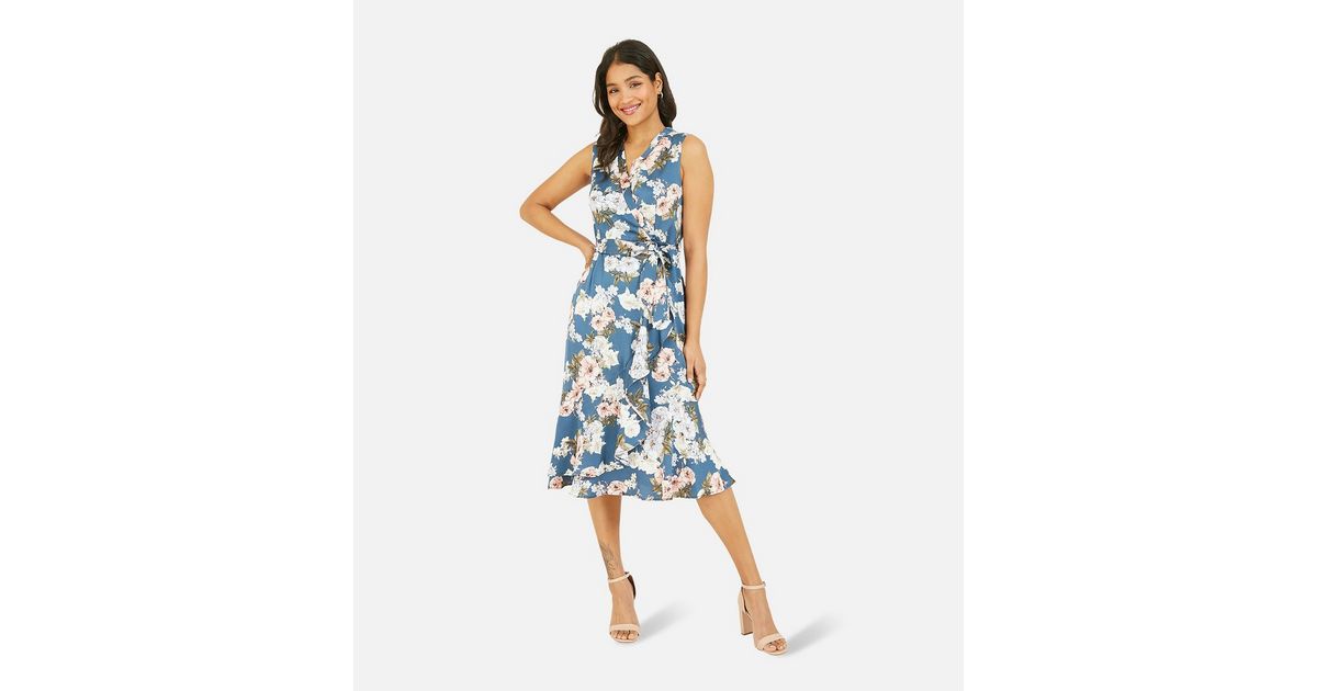 Mela Blue Floral Satin Ruffle Midi Wrap Dress | New Look