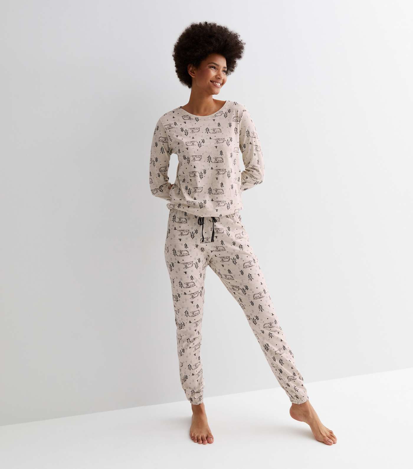 Cream Long Sleeve Pyjama Set with Polar Bear Print