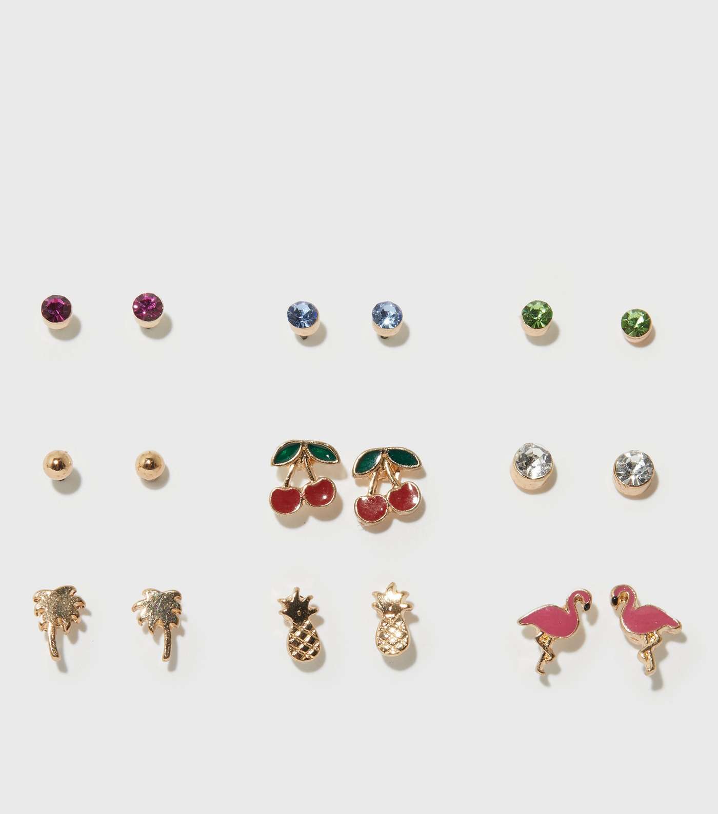 9 Pack Gold Fruit Diamanté Stud Earrings