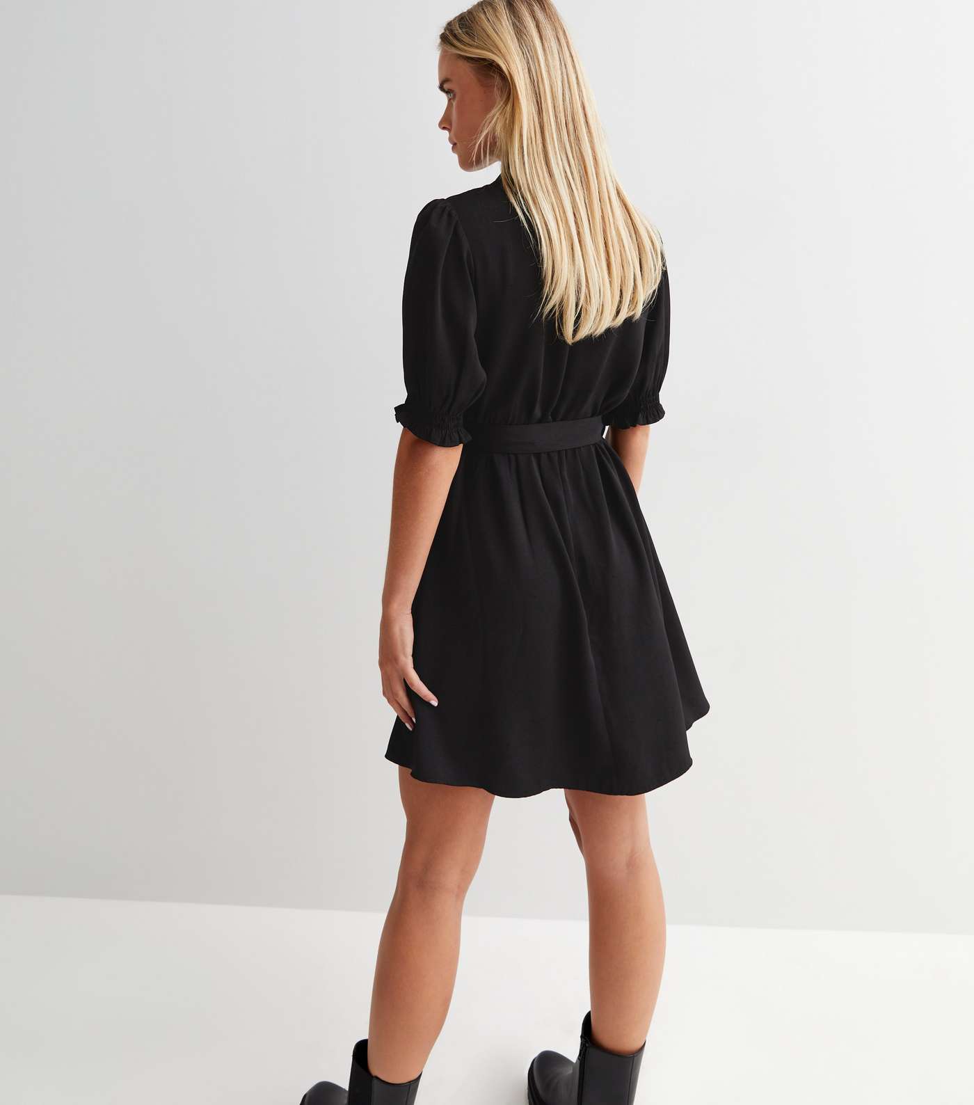 Petite Black Short Puff Sleeve Belted Mini Shirt Dress Image 4