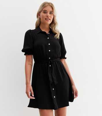 Tall Black Short Puff Sleeve Belted Mini Shirt Dress