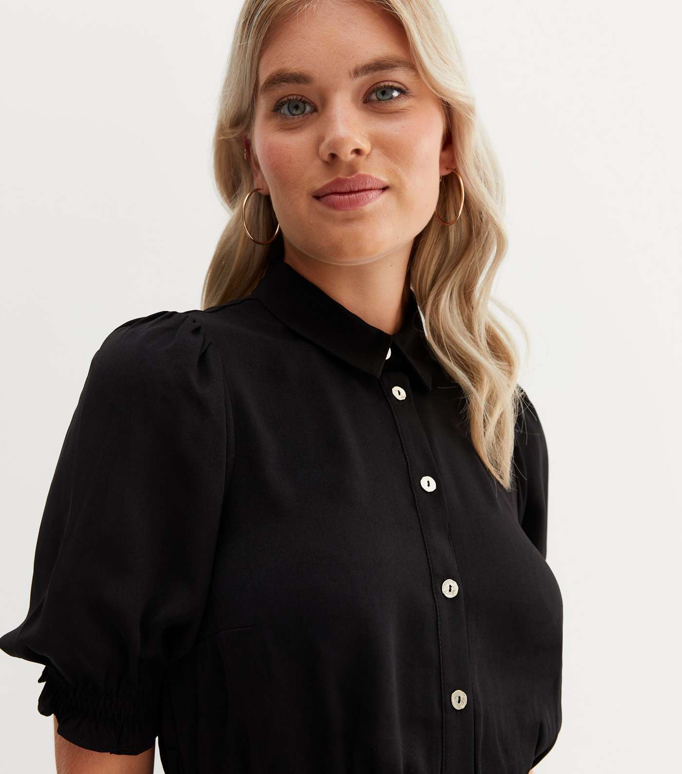 Tall Black Short Puff Sleeve Belted Mini Shirt Dress Image 3