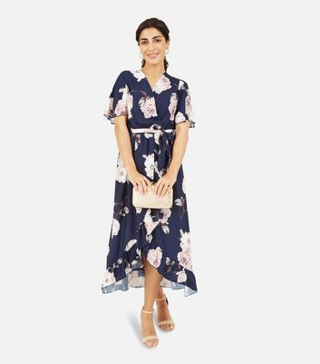 Mela Navy Floral Midi Wrap Dress New Look