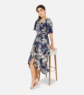 Mela Navy Floral Ruffle Midi Wrap Dress New Look