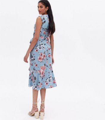 Blue Floral Sleeveless Midi Wrap Dress 