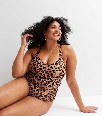 Curves Brown Leopard Print Belted Halter Swimsuit