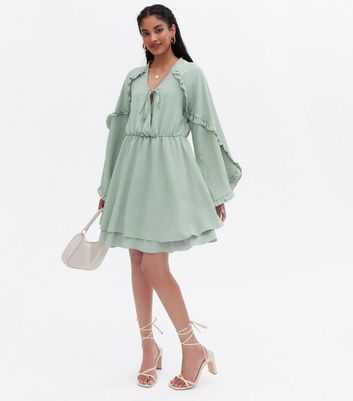 Mela Teal Frill Tie Front Mini Smock Dress New Look