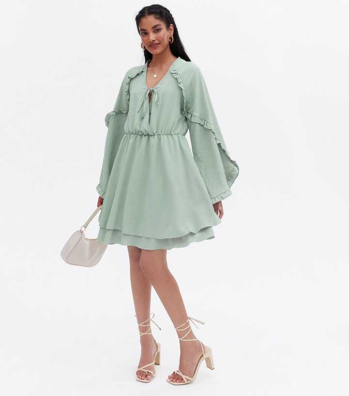 Mela Teal Frill Tie Front Mini Smock Dress