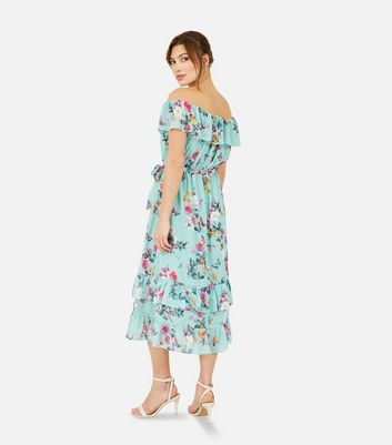 Yumi Mint Green Floral Frill Bardot Midi Dress New Look