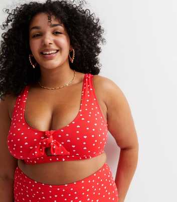 Curves Red Spot Tie Front Crop Bikini Top