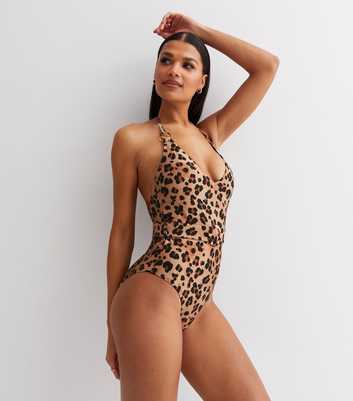Brown Leopard Print Belted Halter Swimsuit