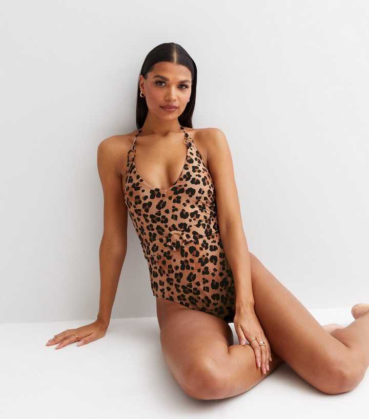 Brown Leopard Print Belted Halter Swimsuit