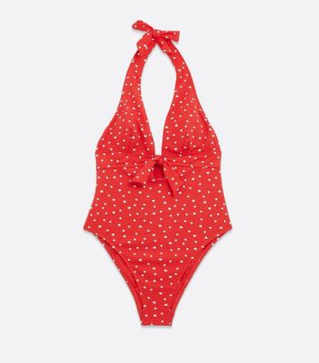Red Heart Spot Tie Front Halter Swimsuit New Look