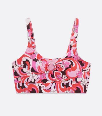 Curves Red Retro Floral Ring Crop Bikini Top New Look