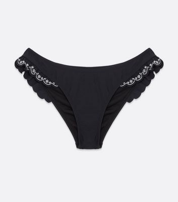 Black Broderie Frill Low Rise V Front Bikini Bottoms New Look