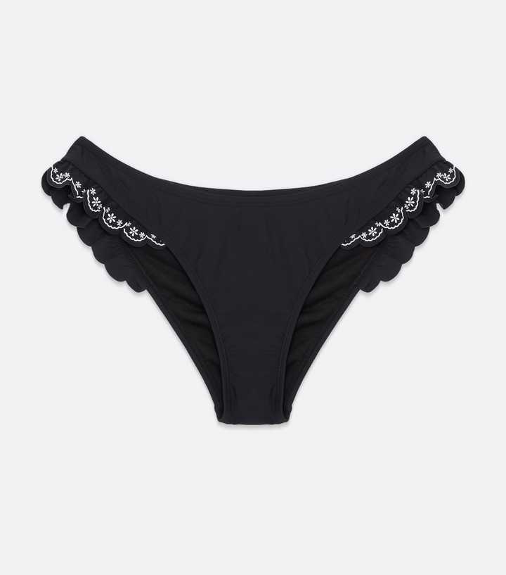 Black Broderie Frill Low Rise V Front Bikini Bottoms