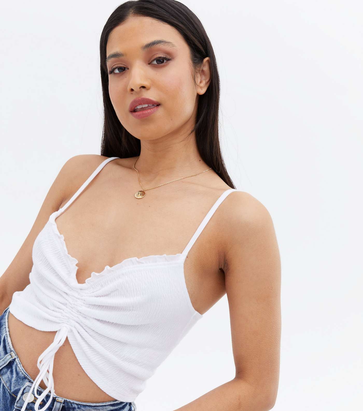 Petite White Shirred Ruched Crop Cami Image 2