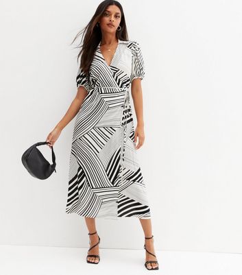 White Zig Zag Collared Midi Wrap Dress