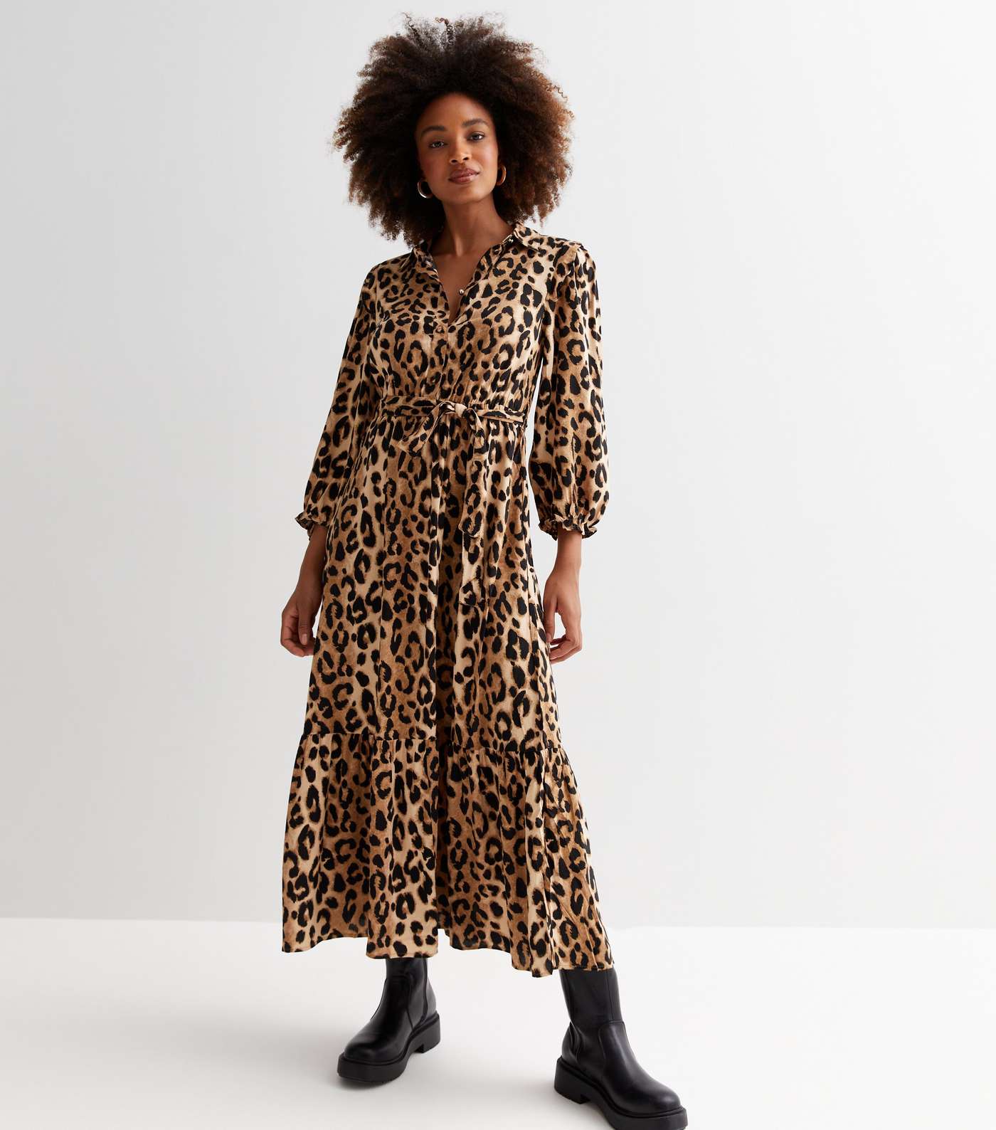 Brown Leopard Print Belted Tiered Hem Midi Shirt Dress
