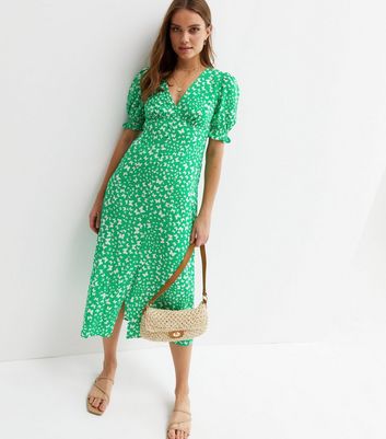 Green Butterfly Button Front Midi Dress | New Look