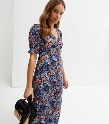 Blue Floral Button Front Midi Dress