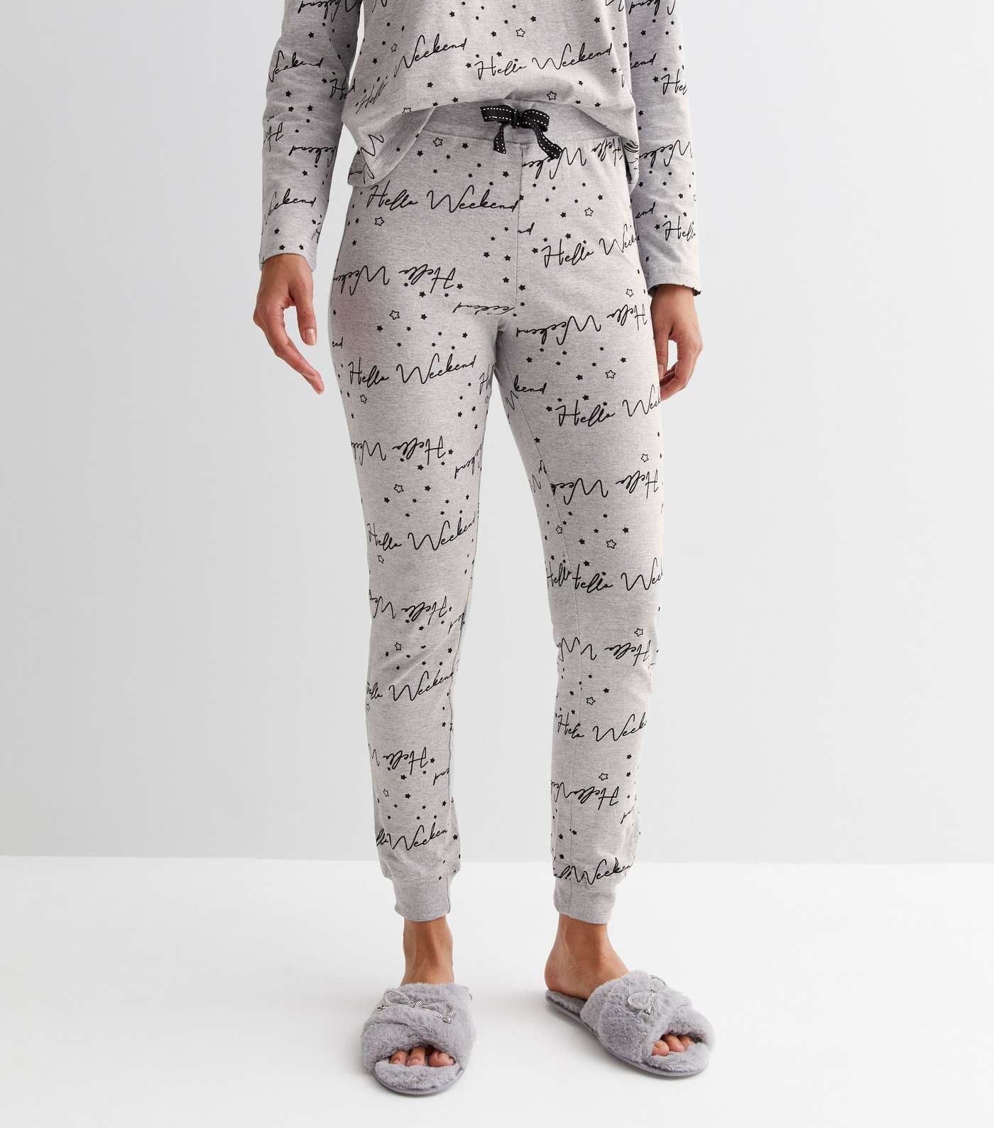 Light Grey Long Sleeve Pyjama Set with Hello Weekend Print Image 3