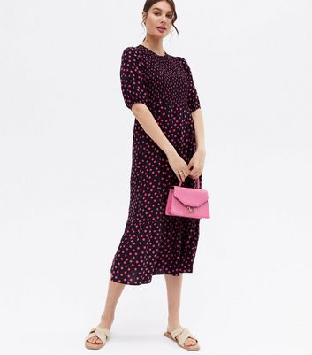 Black Spot Shirred Short Puff Sleeve Tiered Hem Midi Dress