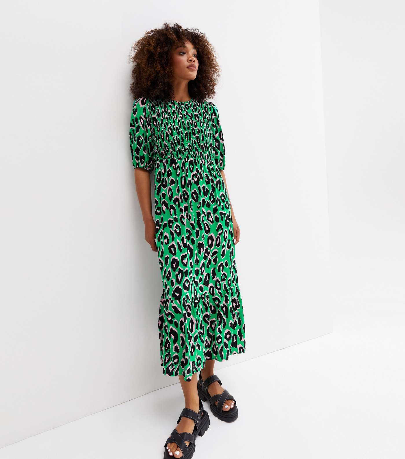 Green Leopard Print Shirred Tiered Hem Midi Dress