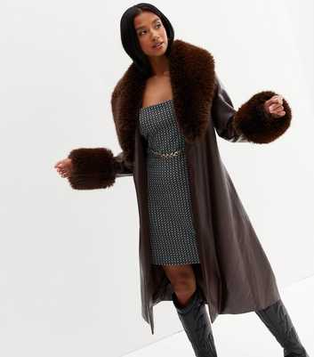 Petite Dark Brown Leather-Look Faux Fur Trim Belted Coat