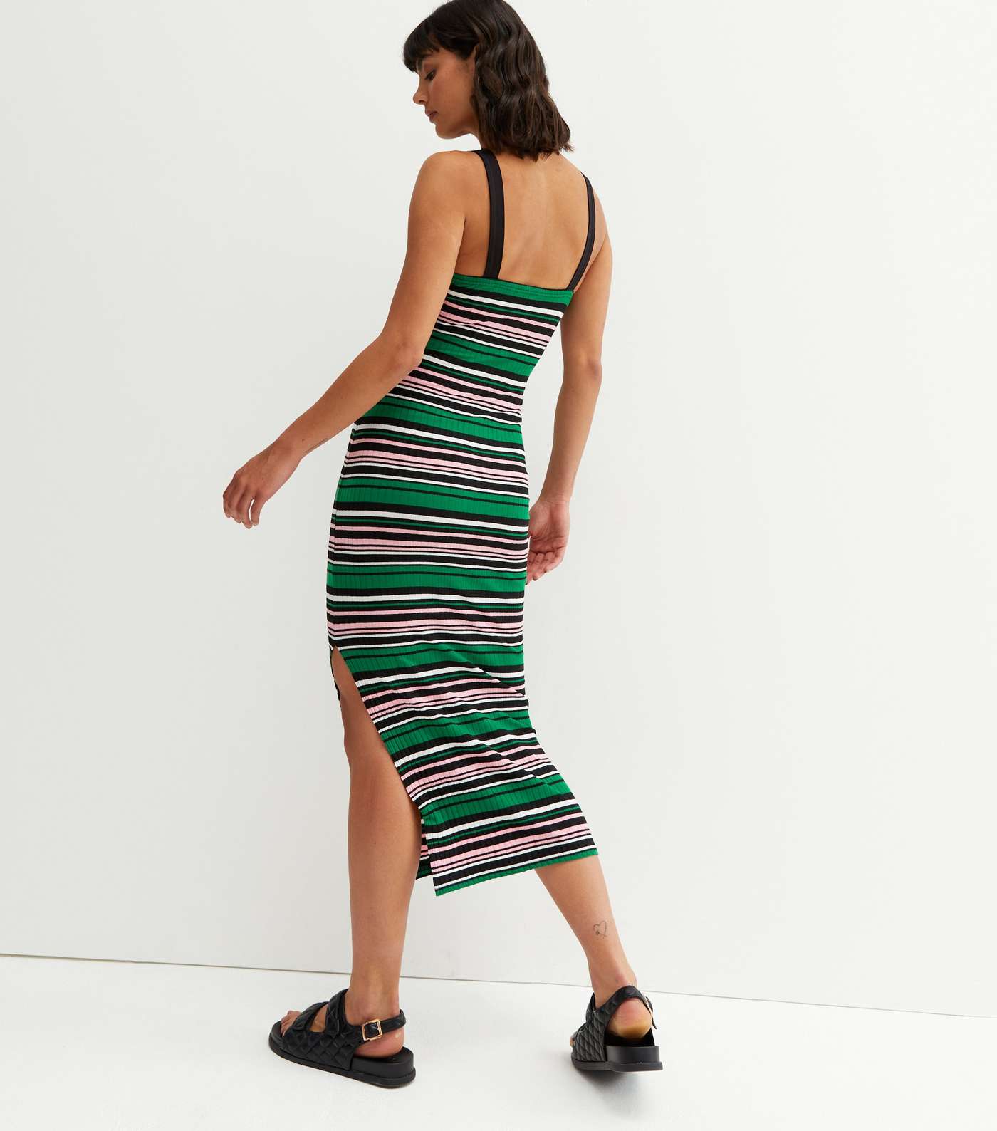 Green Stripe Ribbed Bodycon Midi Dress Image 4