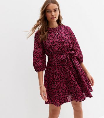 Pink Floral 3/4 Puff Sleeve Belted Mini 