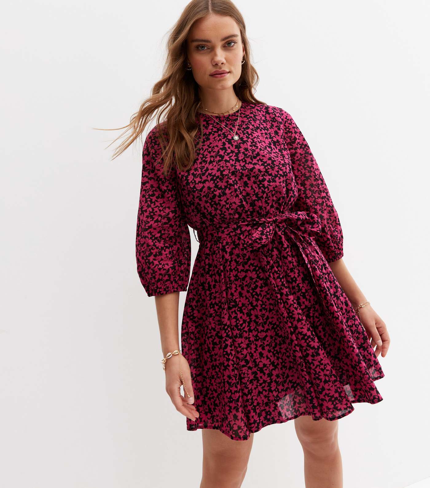 Pink Floral 3/4 Puff Sleeve Belted Mini Dress