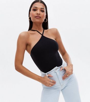 Black Ribbed Jersey Halter Bodysuit New Look