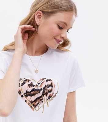 White Leopard Print Heart Amour Logo T-Shirt