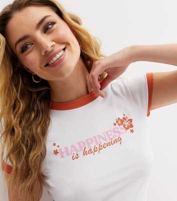 White Floral Happiness Logo Ringer T-Shirt