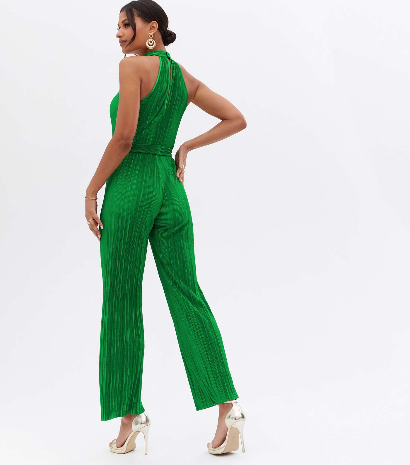 Green Plissé Belted Halter Jumpsuit Image 4