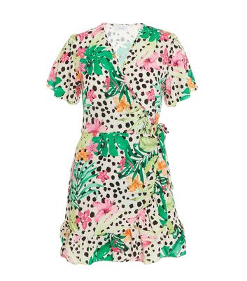 Quiz White Tropical Animal Print Mini Wrap Skater Dress New Look