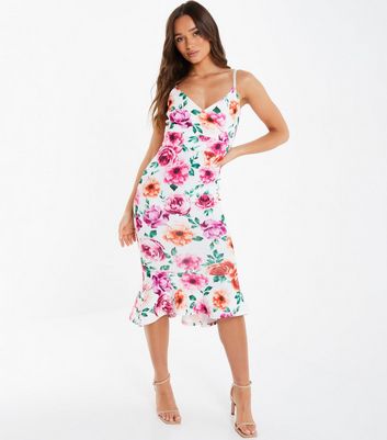 QUIZ Cream Floral Frill Strappy Midi 