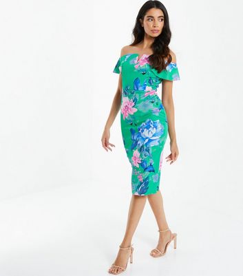 QUIZ Green Floral Bardot Midi Dress 