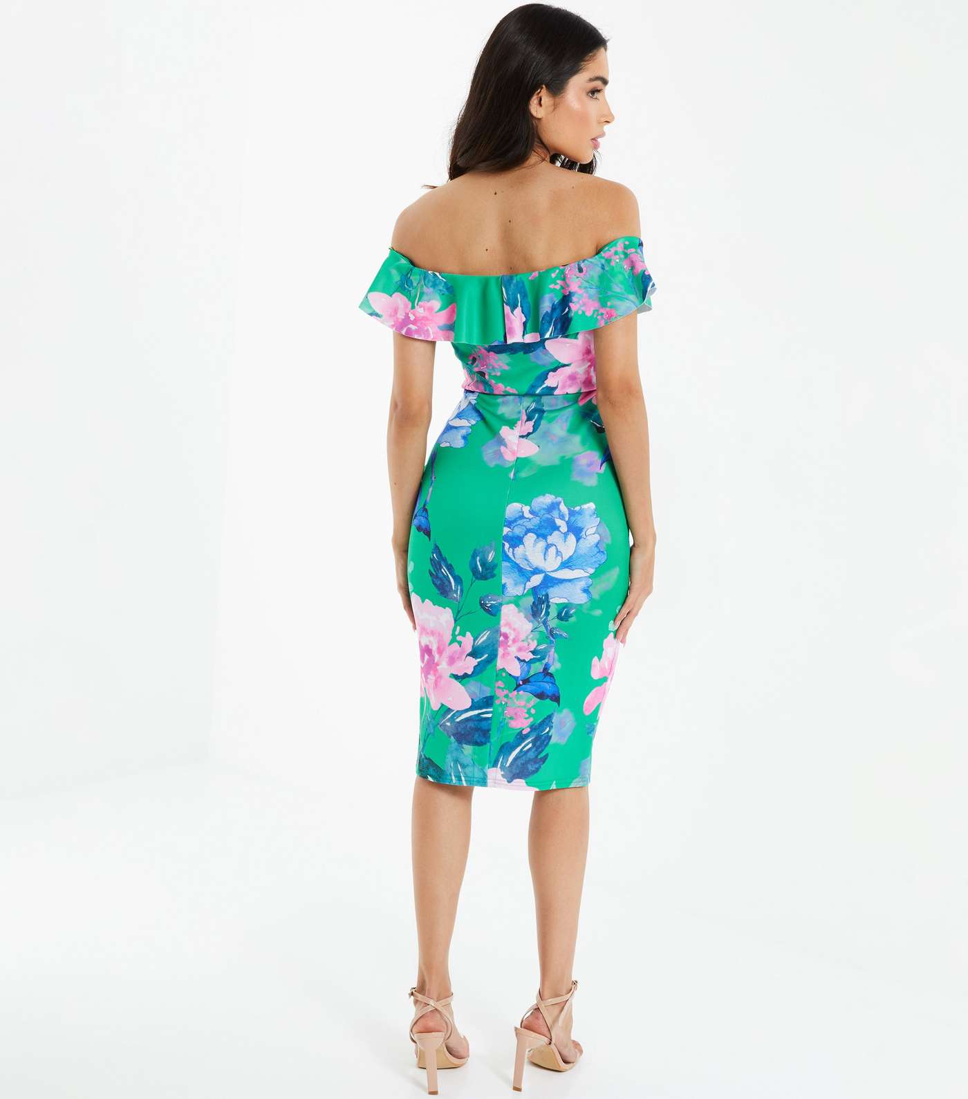 QUIZ Green Floral Bardot Midi Dress Image 3