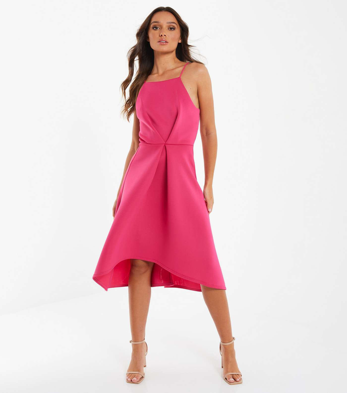 QUIZ Mid Pink Strappy Ruched Dip Hem Midi Dress