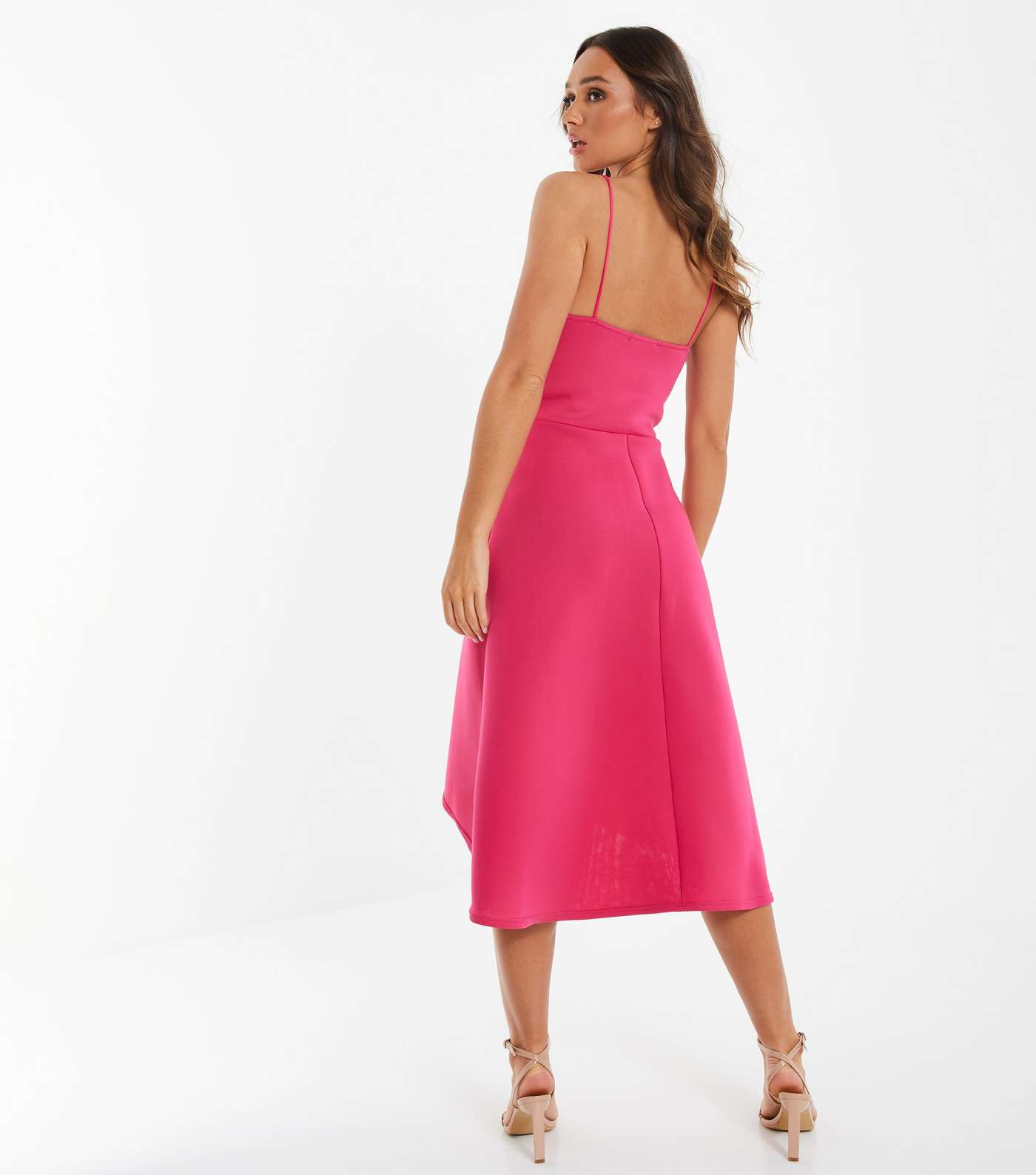 QUIZ Mid Pink Strappy Ruched Dip Hem Midi Dress Image 3